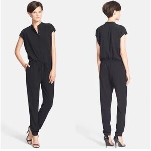 VINCE Women's Jumpsuit Black Cap Sleeve Mock Meck Zip Front Drawstring Pockets 4